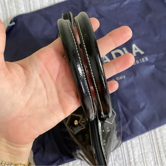 Arcadia Genuine Patent Leather Made in Italy Logo Satchel Bag Black with Red - Picture 3 of 11